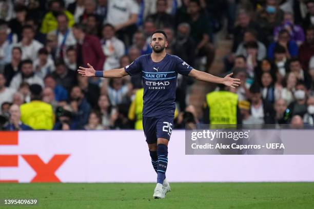 Riyad Mahrez of Manchester City celebrates after scoring their side's first goal during the UEFA Champions League Semi Final Leg Two match between...