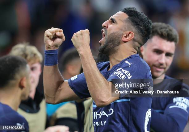 Riyad Mahrez of Manchester City celebrates after scoring the opening goal during the UEFA Champions League Semi Final Leg Two match between Real...