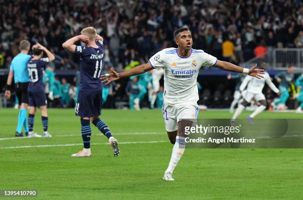 Rodrygo of Real Madrid celebrates after scoring their sides second goal during the UEFA Champions League Semi Final Leg Two match between Real Madrid...