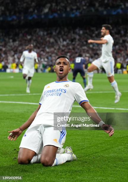 Rodrygo of Real Madrid celebrates after scoring their sides second goal during the UEFA Champions League Semi Final Leg Two match between Real Madrid...