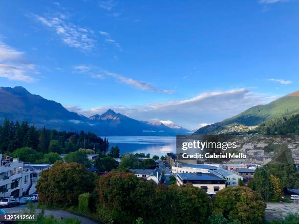 views over queenstown and lake wakatipu - lake wakatipu stock pictures, royalty-free photos & images