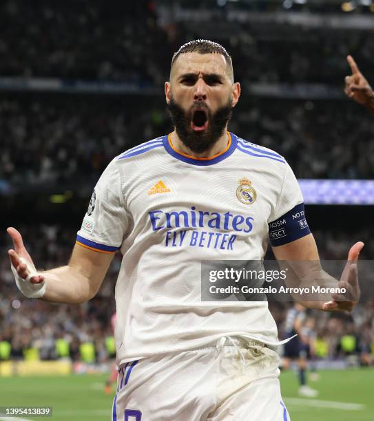 Karim Benzema of Real Madrid celebrates after scoring their side's third goal during the UEFA Champions League Semi Final Leg Two match between Real...