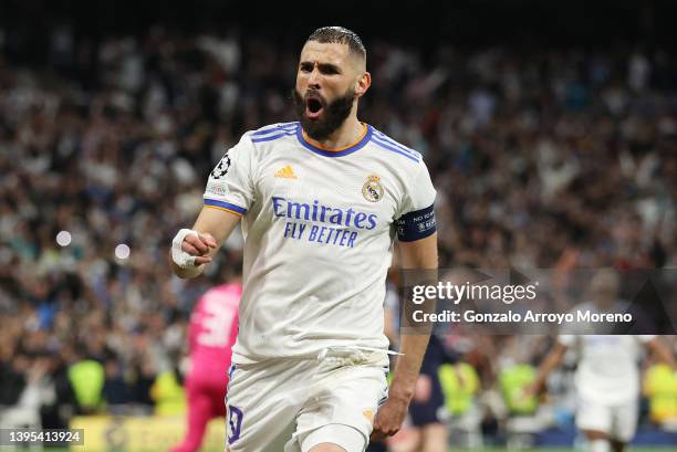 Karim Benzema of Real Madrid celebrates after scoring their side's third goal during the UEFA Champions League Semi Final Leg Two match between Real...