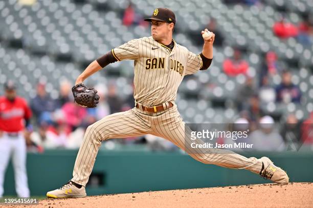 Starting pitcher MacKenzie Gore of the San Diego Padres pitches during the first inning of game two of a doubleheader against the Cleveland Guardians...