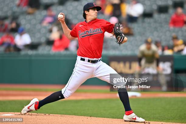 Starting pitcher Cal Quantrill of the Cleveland Guardians pitches during the first inning of game two of a doubleheader against the San Diego Padres...