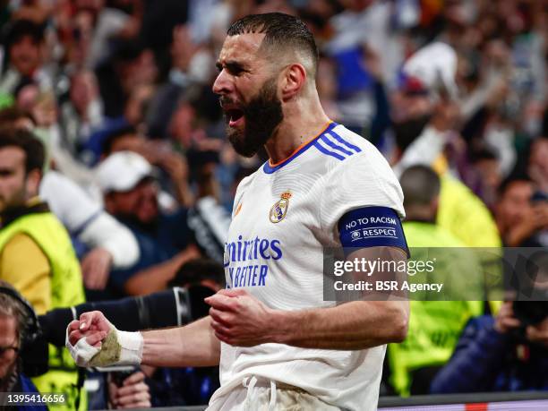 Karim Benzema of Real Madrid celebrates a goal during the UEFA Champions League Semi Final Leg Two match between Real Madrid and Manchester City at...