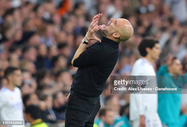 Pep Guardiola the manager of Manchester City reacts during the UEFA Champions League Semi Final Leg Two match between Real Madrid and Manchester City...