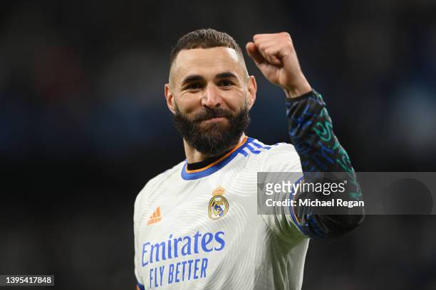 Karim Benzema of Real Madrid celebrates their side's victory and progression to the UEFA Champions League Final after the UEFA Champions League Semi...