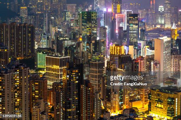 dusk view of hong kong cityscape - wan chai stock pictures, royalty-free photos & images