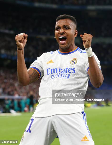 Rodrygo of Real Madrid celebrates after they win a penalty during the UEFA Champions League Semi Final Leg Two match between Real Madrid and...