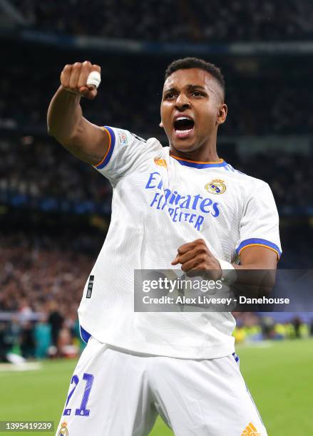 Rodrygo of Real Madrid celebrates after they win a penalty during the UEFA Champions League Semi Final Leg Two match between Real Madrid and...