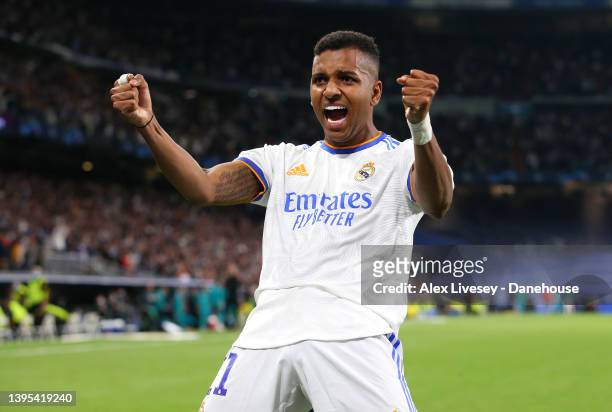 Rodrygo of Real Madrid celebrates after they win a penalty during the UEFA Champions League Semi Final Leg Two match between Real Madrid and...