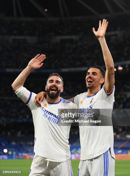 Daniel Carvajal and Dani Ceballos of Real Madrid celebrate their side's victory and progression to the UEFA Champions League Final after the UEFA...