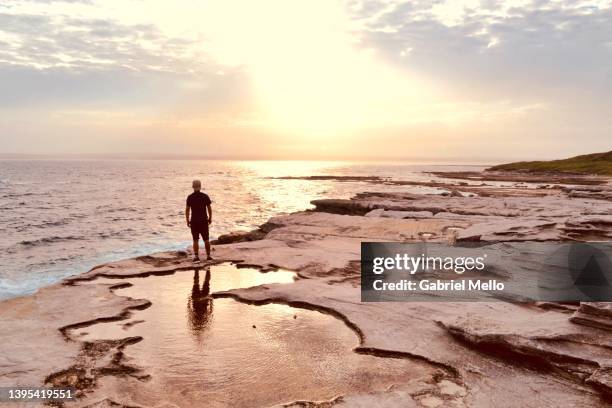 rear view of man standing by the water watching sunset - cronulla stock-fotos und bilder