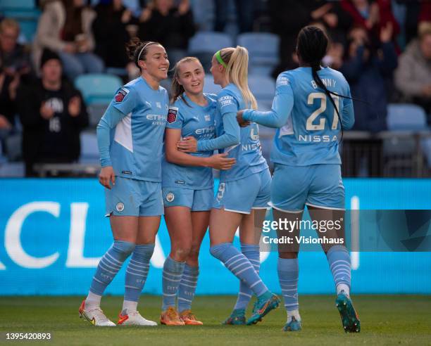 Georgia Stanway of Manchester City celebrates scoring their team's first goal with team mates Lucy Bronze, Chloe Kelly and Khadija Shaw during the...
