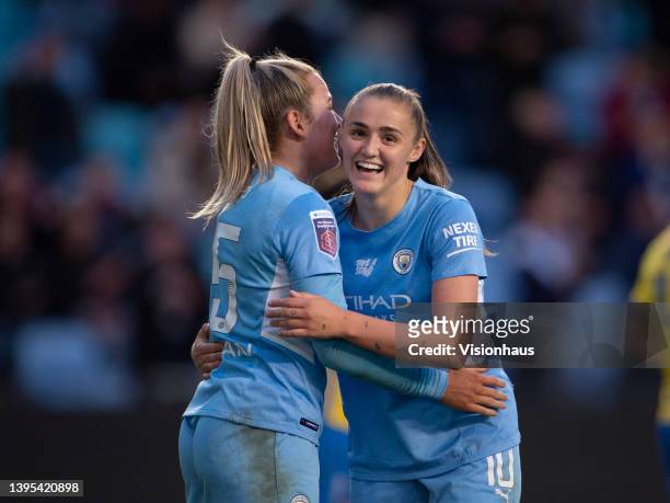 Georgia Stanway of Manchester City celebrates scoring their team's second goal with team mate Lauren Hemp during the Barclays FA Women's Super League...