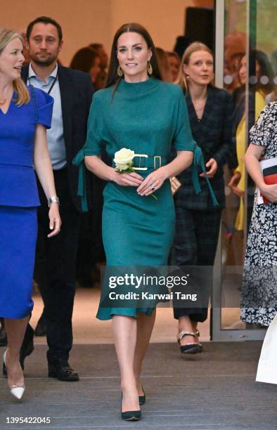 Catherine, Duchess of Cambridge departs after presenting The Queen Elizabeth II Award for British Design at the Design Museum on May 04, 2022 in...