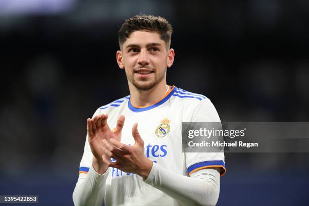 Federico Valverde of Real Madrid applauds the fans after the UEFA Champions League Semi Final Leg Two match between Real Madrid and Manchester City...