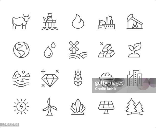 natural resources icon set. editable stroke weight. pixel perfect icons. - mining natural resources stock illustrations