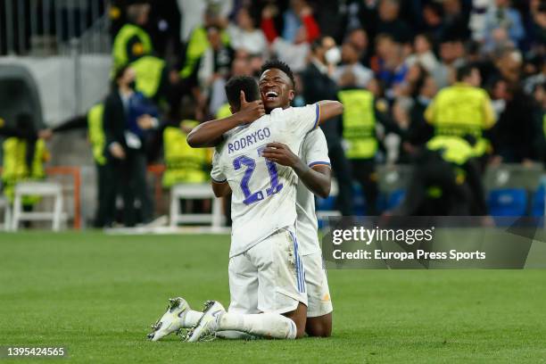 Vinicius Junior and Rodrygo Silva De Goes celebrate after winning during the UEFA Champions League, Semi-final, football match played between Real...