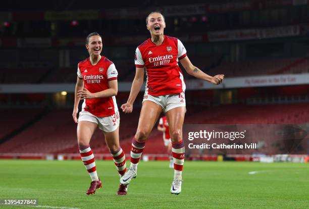 Caitlin Foord of Arsenal celebrates after scoring their side's second goal with Lotte Wubben-Moy during the Barclays FA Women's Super League match...