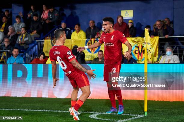 Luis Diaz of Liverpool celebrates with Thiago Alcantara after scoring his team's second goal during the UEFA Champions League Semi Final Leg Two...