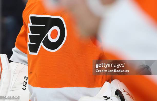 View of the logo on the jersey of Martin Jones of the Philadelphia Flyers during his game against the Ottawa Senators at the Wells Fargo Center on...