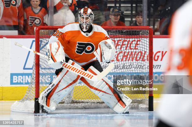 Martin Jones of the Philadelphia Flyers takes shots on goal during warm-ups prior to his game against the Ottawa Senators at the Wells Fargo Center...