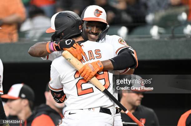 Ramon Urias of the Baltimore Orioles celebrates with Jorge Mateo after hitting a two-run home run in the third inning against the Minnesota Twins at...