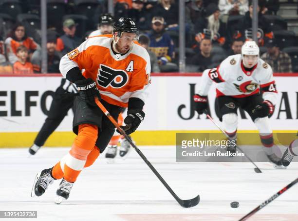 Kevin Hayes of the Philadelphia Flyers skates the puck against the Ottawa Senators at the Wells Fargo Center on April 29, 2022 in Philadelphia,...