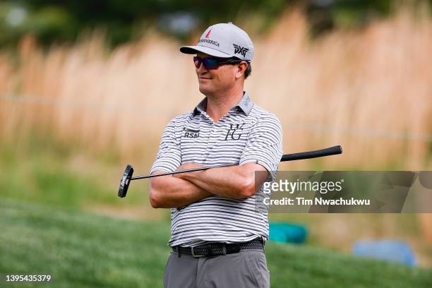 Zach Johnson looks on from the eighth green during a Pro-AM prior to the Wells Fargo Championship at TPC Potomac Clubhouse on May 04, 2022 in...