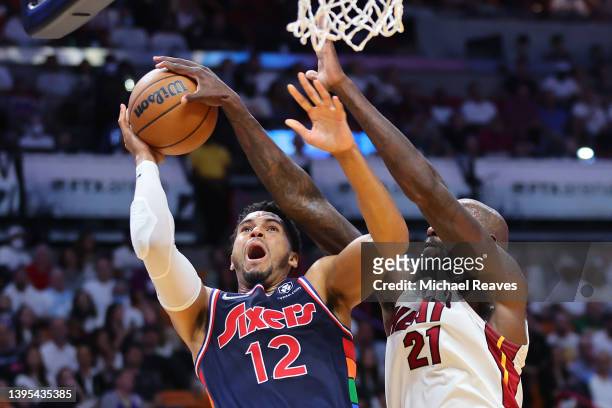 Dewayne Dedmon of the Miami Heat blocks a shot by Tobias Harris of the Philadelphia 76ers during the first half in Game Two of the Eastern Conference...