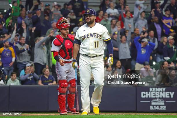 Rowdy Tellez of the Milwaukee Brewers reacts to a grand slam during the third inning against the Cincinnati Reds at American Family Field on May 04,...