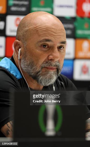 Coach of Olympique de Marseille Jorge Sampaoli answers to the media during a press conference on the eve of the UEFA Europa League Conference...