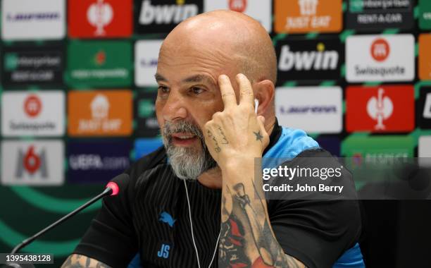 Coach of Olympique de Marseille Jorge Sampaoli answers to the media during a press conference on the eve of the UEFA Europa League Conference...