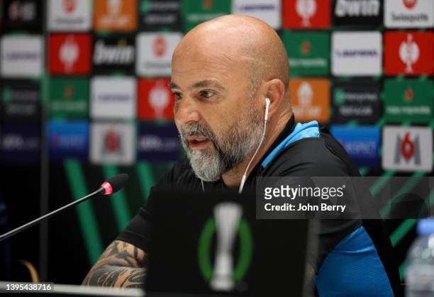 Coach of Olympique de Marseille Jorge Sampaoli answers to the media during a press conference on the eve of the UEFA Europa League Conference...