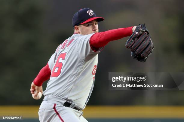 Starting pitcher Patrick Corbin of the Washington Nationals throws against the Colorado Rockies in the first inning at Coors Field on May 04, 2022 in...