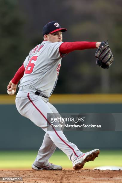 Starting pitcher Patrick Corbin of the Washington Nationals throws against the Colorado Rockies in the first inning at Coors Field on May 04, 2022 in...