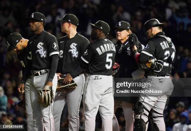 Manager Tony La Russa of the Chicago White Sox visits the mound for a pitching change during the sixth inning of a game against the Chicago Cubs at...