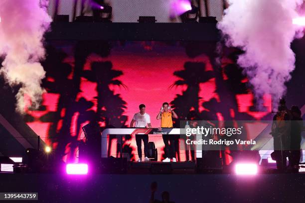 Kygo and Lando Norris of Great Britain and McLaren perform on stage during the F1 Grand Prix of Miami Opening Party at Hard Rock Stadium on May 04,...