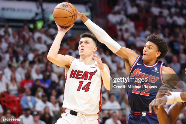 Tyler Herro of the Miami Heat shoots against Matisse Thybulle of the Philadelphia 76ers during the second half in Game Two of the Eastern Conference...