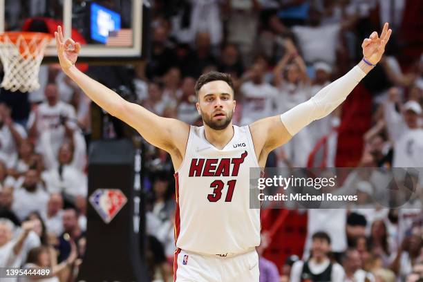 Max Strus of the Miami Heat celebrates a three pointer against the Philadelphia 76ers during the second half in Game Two of the Eastern Conference...