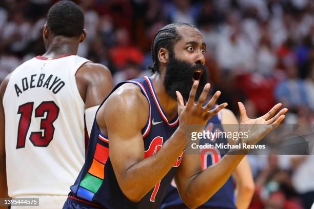 James Harden of the Philadelphia 76ers reacts against the Miami Heat during the second half in Game Two of the Eastern Conference Semifinals at FTX...