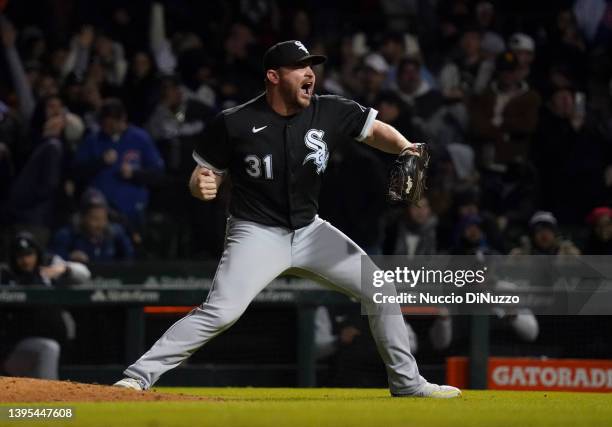 Liam Hendriks of the Chicago White Sox reacts after the final out during the ninth inning of a game against the Chicago Cubs at Wrigley Field on May...