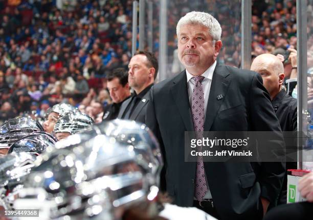 Head coach Todd McLellan of the Los Angeles Kings looks on from the bench during their NHL game against the Vancouver Canucks at Rogers Arena April...
