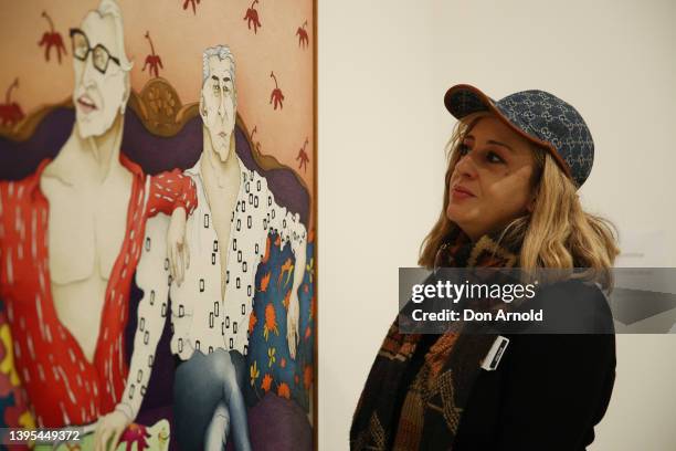 Caroline Zilinsky poses beside her entry 'Kubla Khan' during the 2022 Packing Room Prize announcement on May 05, 2022 in Sydney, Australia. The...