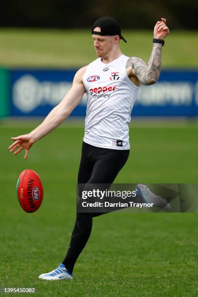 Zak Jones of the Saints kicks the ball during a St Kilda Saints AFL training session at RSEA Park on May 05, 2022 in Melbourne, Australia.