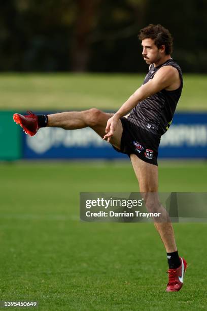 Max King of the Saints kicks the ball during a St Kilda Saints AFL training session at RSEA Park on May 05, 2022 in Melbourne, Australia.