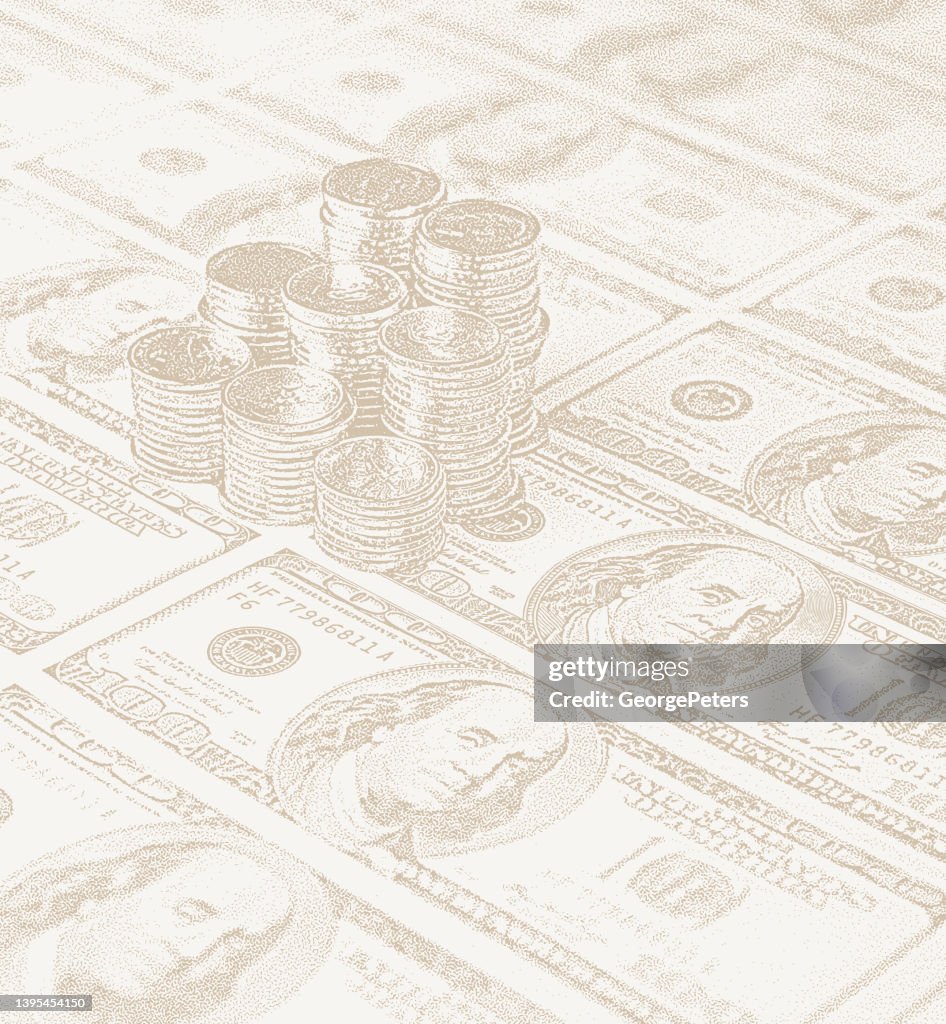 Stack of American gold coins and one hundred dollar bills
