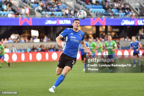 Nathan Cardoso of the San Jose Earthquakes during a game between Seattle Sounders FC and San Jose Earthquakes at PayPal Park on April 23, 2022 in San...